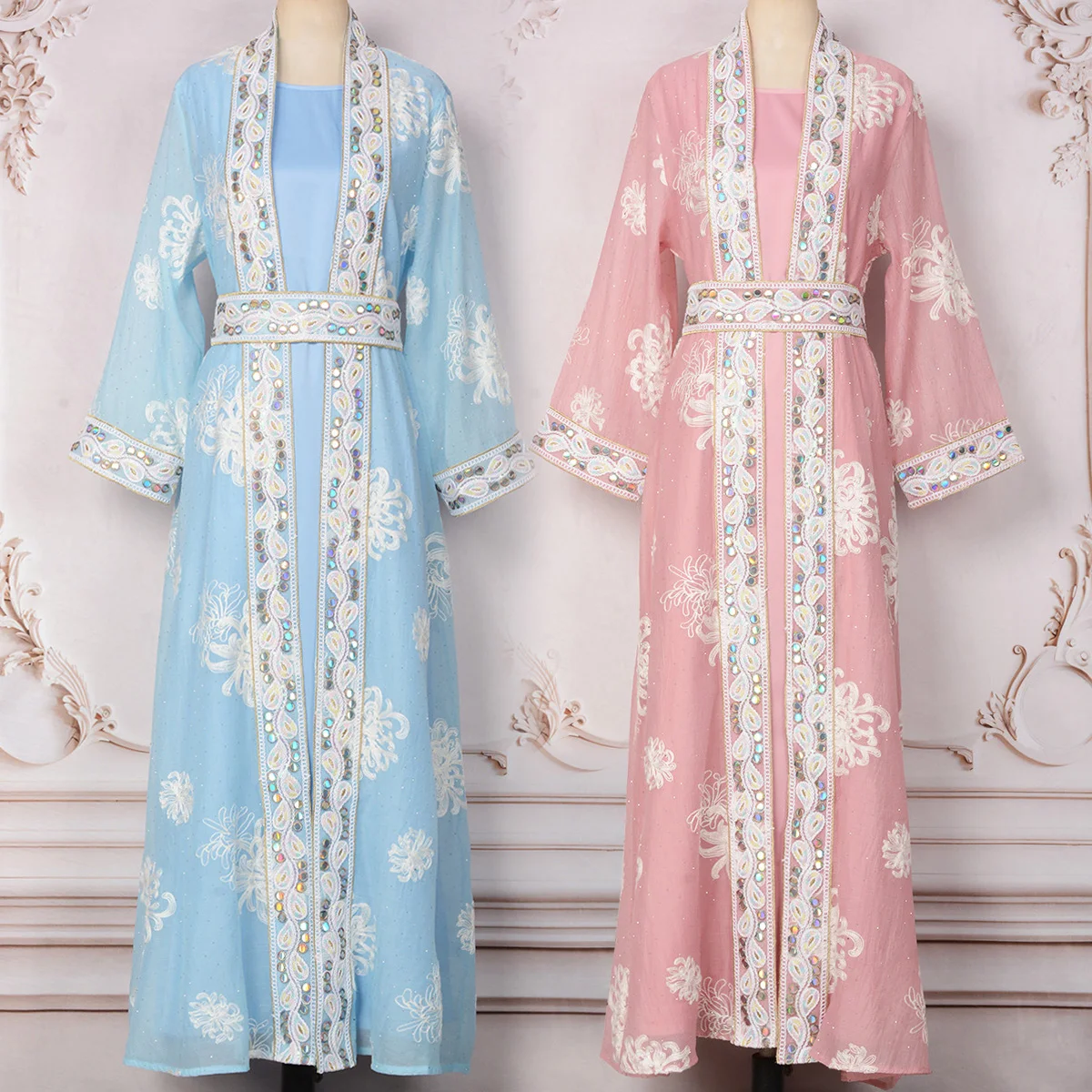 

Luxury Sweet Slim-Fit Moroccan Takchita Eid Wedding Party Khaleeji Women Kaftan Dress Set: Sleeveless Dress, Embroidered Kaftan