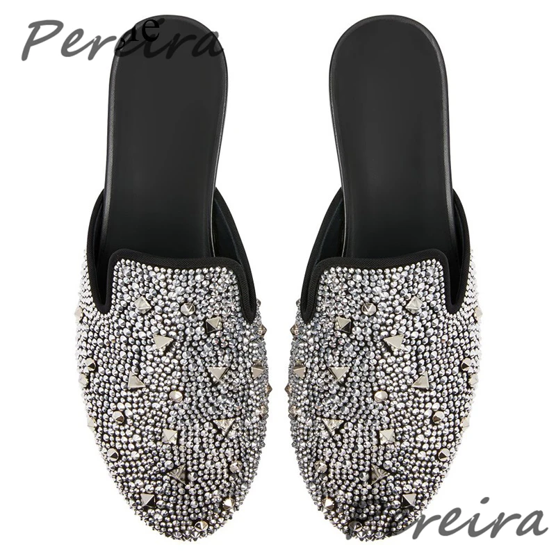 

Silver Diamond Rhinestone Men's Shoes Full Drill Nail Rivet Slippers Fashion Luxury Genuine Leather Flats Outside Casual Shoes