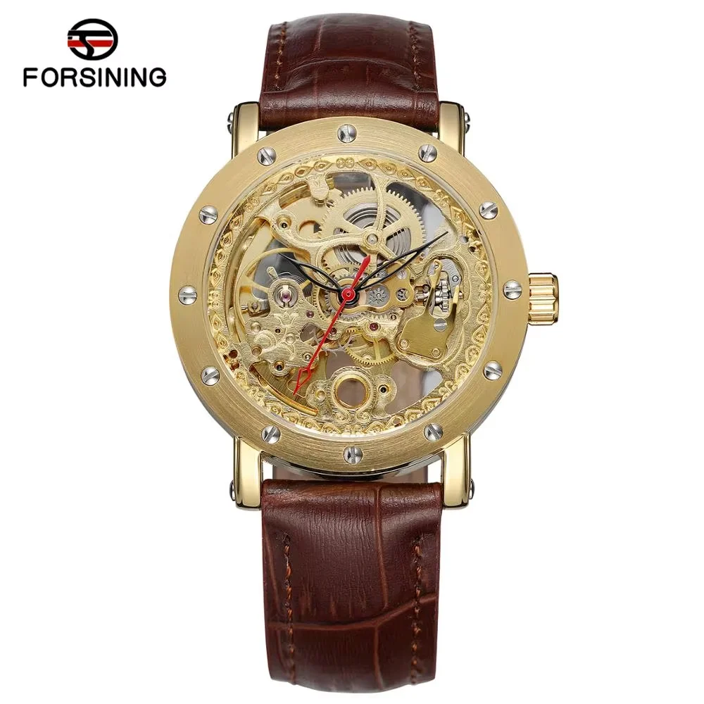 FORSINING Mechanical watch With circular hollow nail scale Mechanical watch gold wrist watch