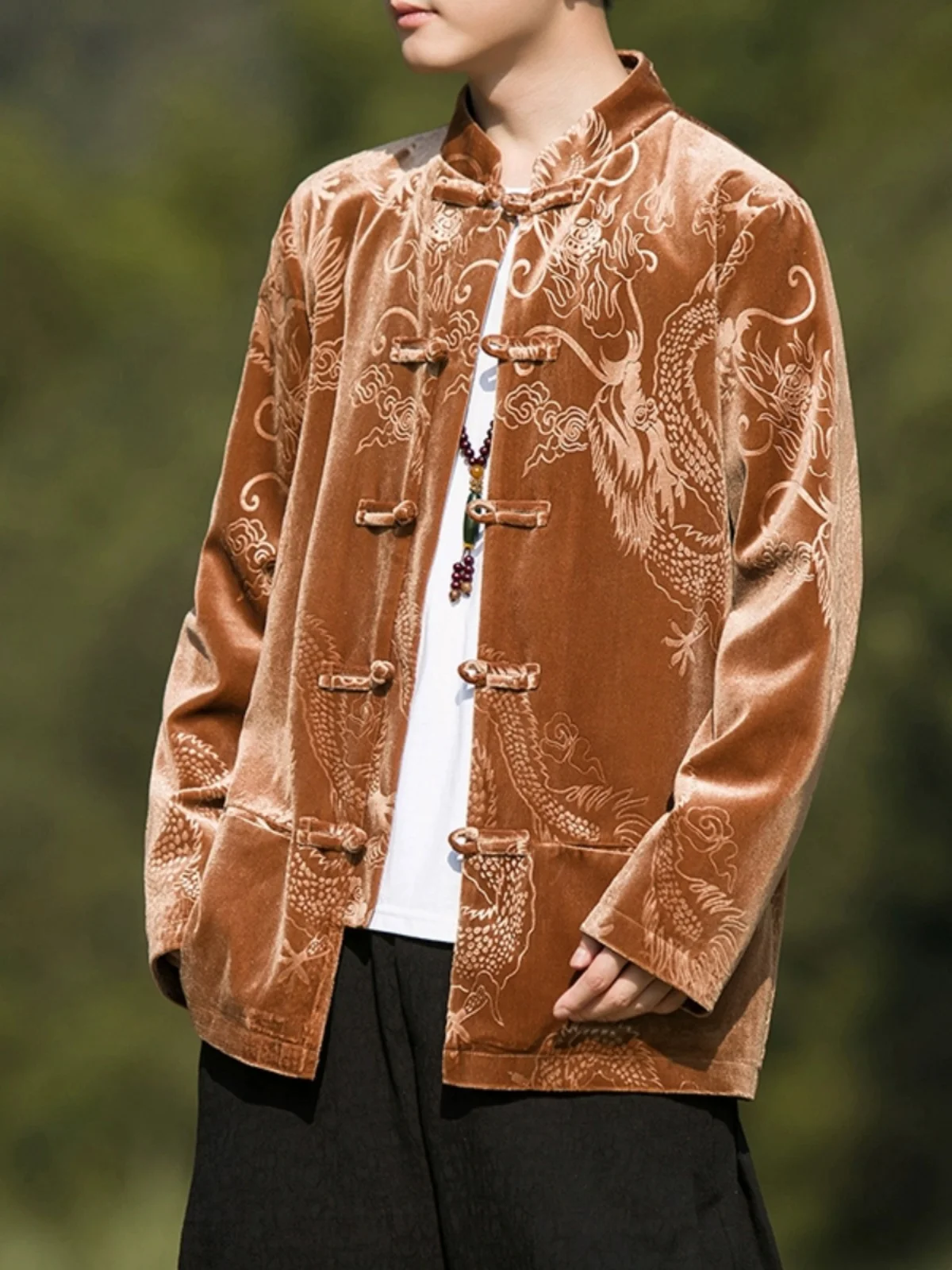 

New Chinese Sle Men's Jaet Gold Velvet Resin Printing Button Loose Fit Spring Autumn Hanfu Tang Costume Top Trendy