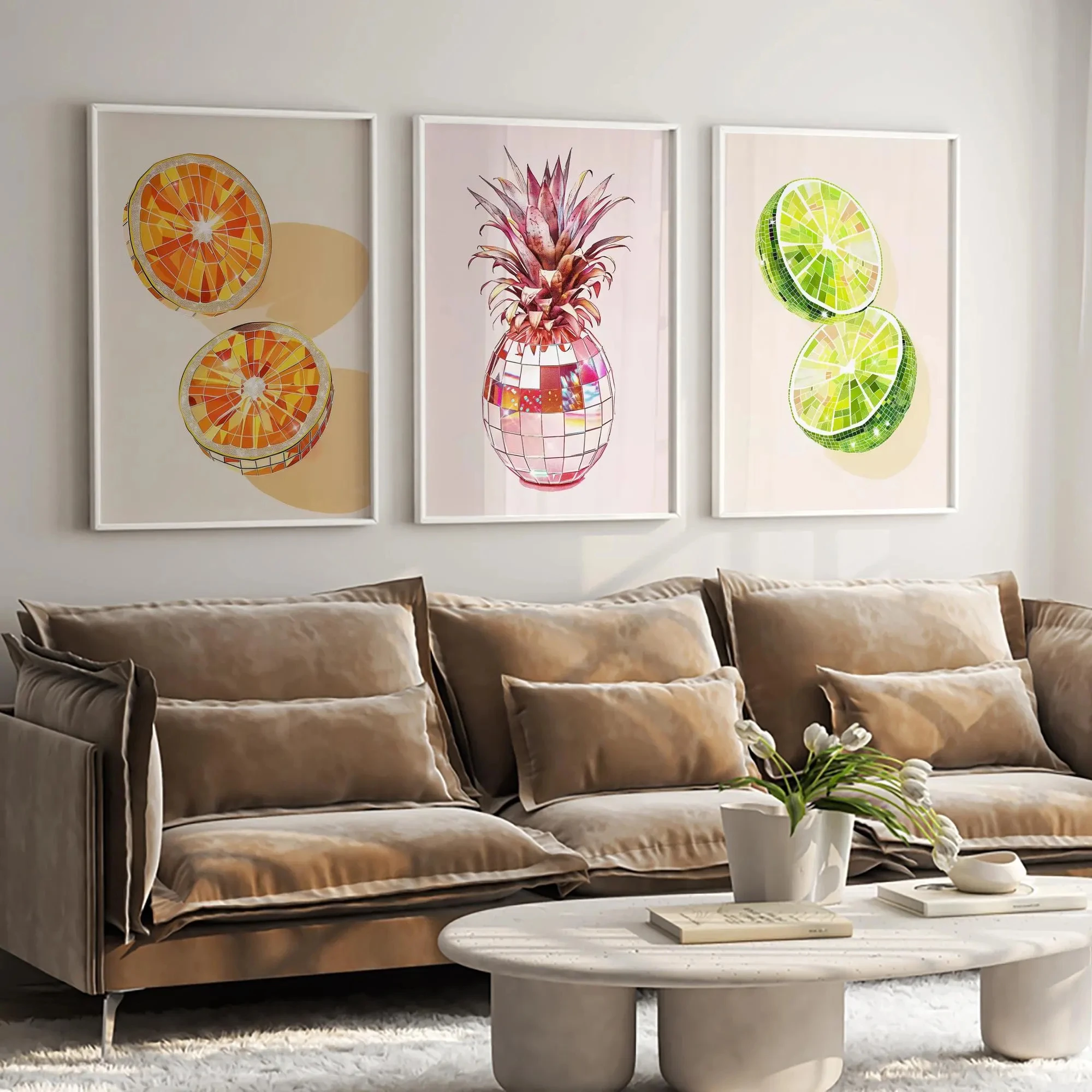 Disco Fruit Wall Art, Pink Pineapple Orange Lime Prints, Trendy Mirror Ball Kitchen Decor, Summer Aesthetic Retro Bar Cart Art