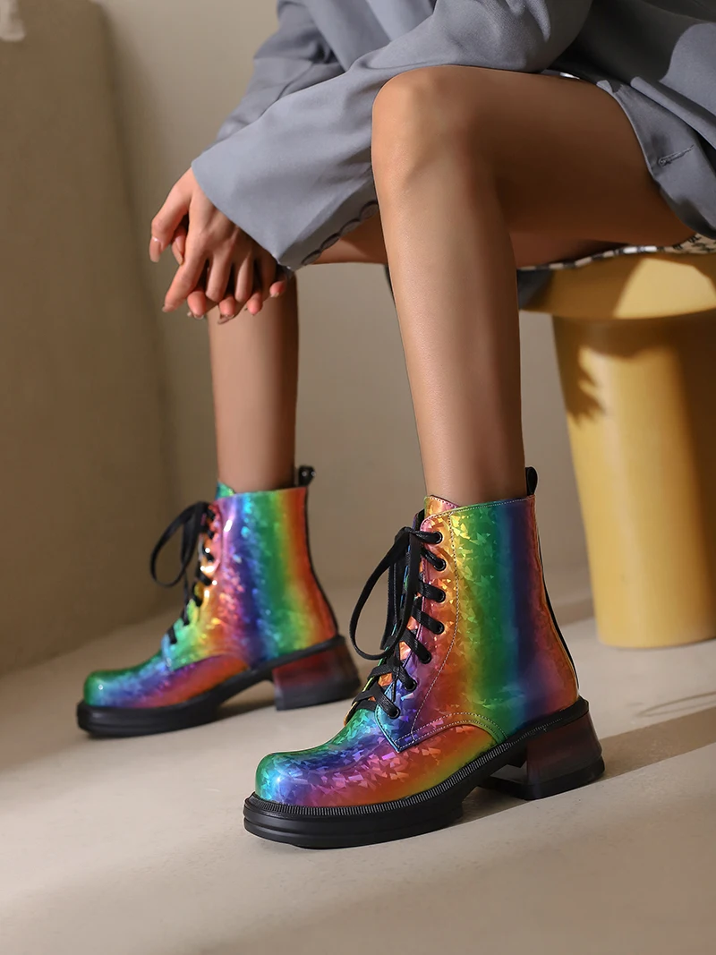 Bright Patent Leather Water Color Round Toe Thick Heel Boots Punk Style Iridescence Lace Up Autumn Women\'s Ankle Boots