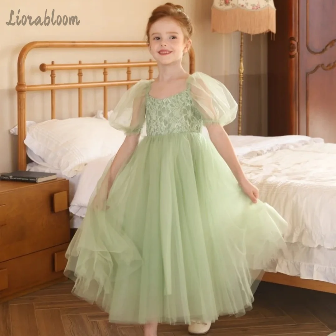 Mädchenkleider aus luftigem Tüll, grüne bestickte Kleider im Waldstil, Blumenmädchen-Outfit, Hochzeitskleid
