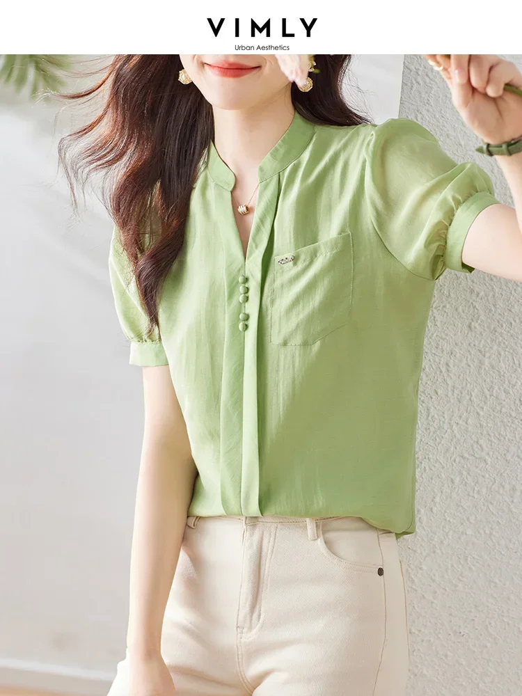 Camicetta da donna estiva a maniche corte con scollo a v vivace 2023 maniche a sbuffo alla moda camicie eleganti in Chiffon Casual allentate dritte Top da donna