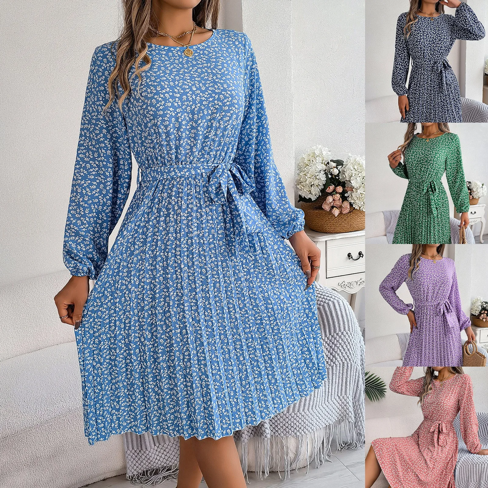 

Весенне-летняя женская одежда: юбка миди с цветочным принтом, высокой талией, длинными рукавами и плиссировкой, из шифона и полиэстера, А-силуэт.