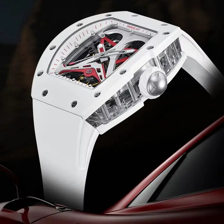 

CRONUSART Мужские автоматические часы Tonneau 50 мм Механические наручные часы Скелет Светящийся ремешок из фторкаучука Дизайн Racing Track Dial