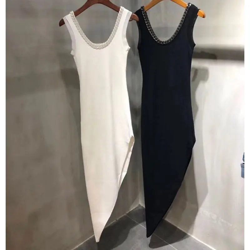 

New arrival spring summer sleeveless knitted dress wome metal chain square collar slim party dress