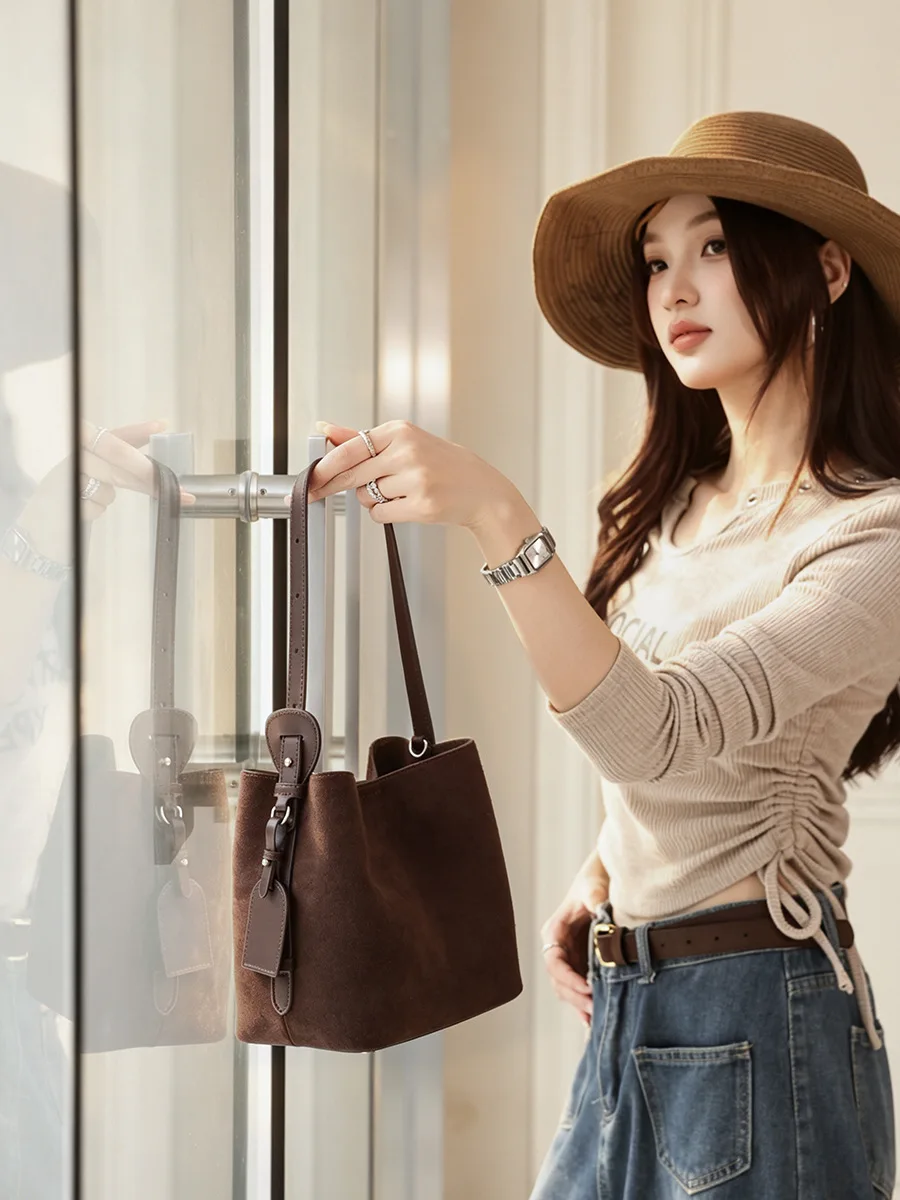 Suede Bucket Bag Women Versatile New Arrival Elegant And Fashion Senior Sense Genuine Leather Women Shoulder Bag Retro Tote Bag