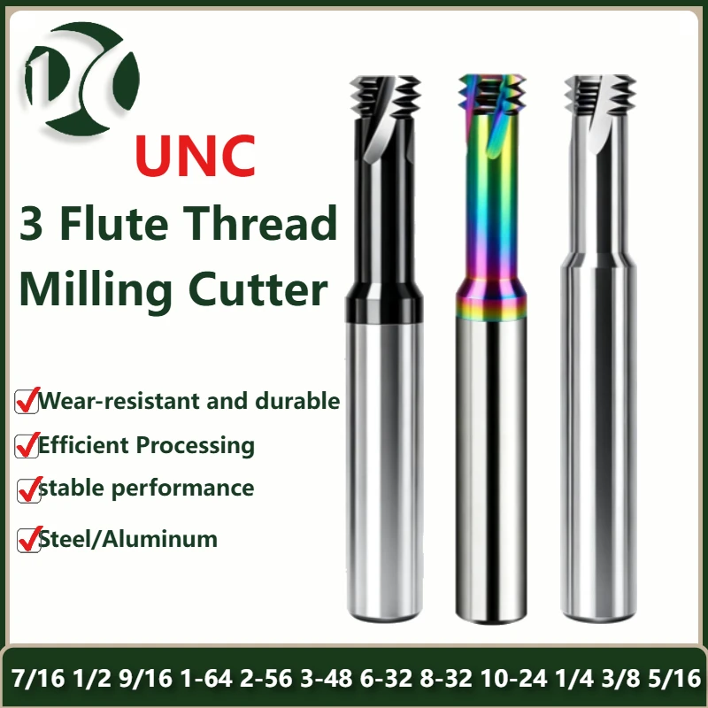 3 Flute Thread Mill 60° UNC 7/16 1/2 9/16 1-64 2-56 3-48 6-32 8-32 10-24 1/4 3/8 5/16 Solid Carbide CNC Cutter