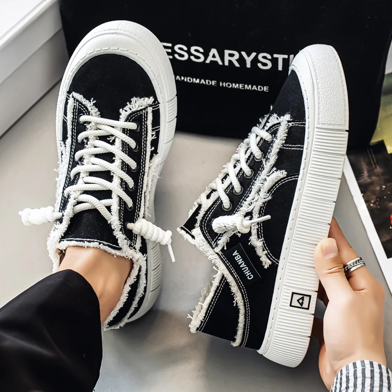 Frayed Canvas Board Shoes Men 2‑in‑1 Wear Slip On Half Mule Sneakers Casual Daily Student Footwear 39‑44