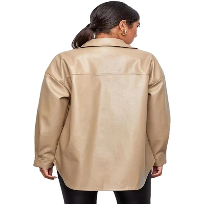 Street Sle Long Sve PU-leer Jaet Loose Fit Faionable Trendy turn-down kraag nep lederen top voor dames