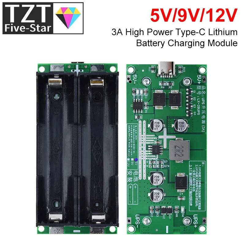 Imagem -03 - Módulo Carregador de Bateria de Lítio Tipo-c 15w 3a 18650 Step up Booster Carregamento Rápido Ups Fonte de Alimentação Conversor 5v 9v 12v