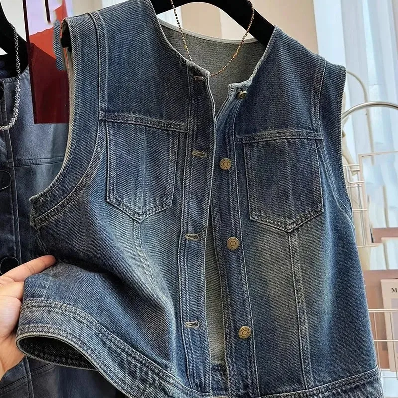Chaqueta vaquera sin mangas para mujer, nuevo ocio, chaleco vaquero azul lavado Retro, prendas de vestir, chaleco vaquero holgado para mujer de otoño