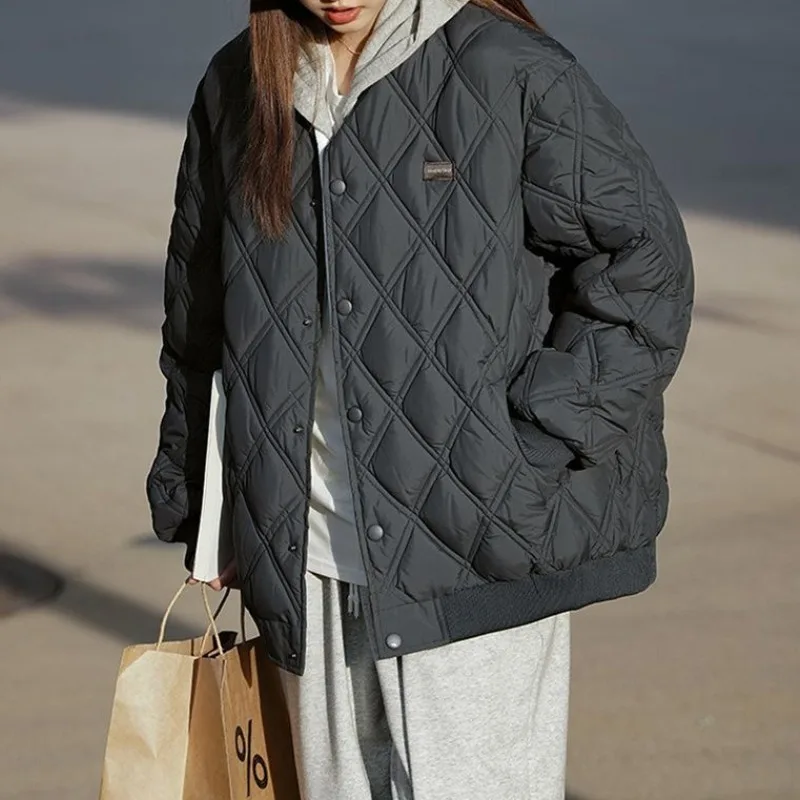 Winter New Korean Version Diamond Grid Cotton Padded Jacket for Women's College Style Loose Fit Parkas Ins Unisex Baseball Coats