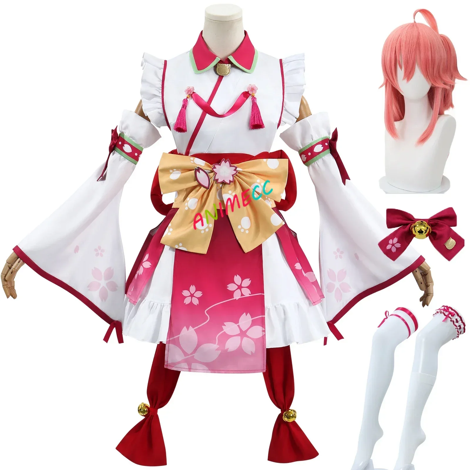 In Stock Sakura Miko Cosplay Costume Wig Anime Vtuber Cosplay Cute Pink Kimono Halloween Party Outfits for Women