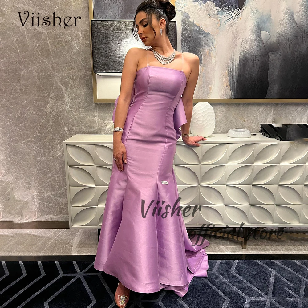 

Viisher Lilac Satin Mermaid Evening Dresses for Women Strapless Long Formal Dress with Train Arabain Dubai Prom Party Gowns