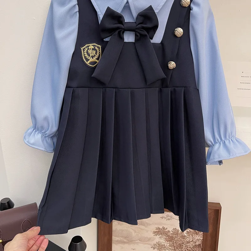 2024Spring New College Style Girls Dress StitchingjkUniform Baby Girl Fake Two-Piece Skirts Tide