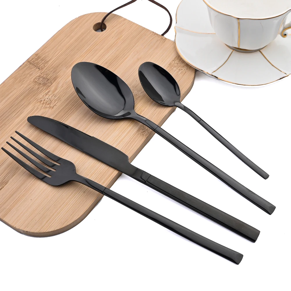 Zoseil 24Pcs Black Dinnerware Cutlery Set Stainless Steel Flatware Kitchen Mirror Silverware Steak Knife Fork Spoon Tableware