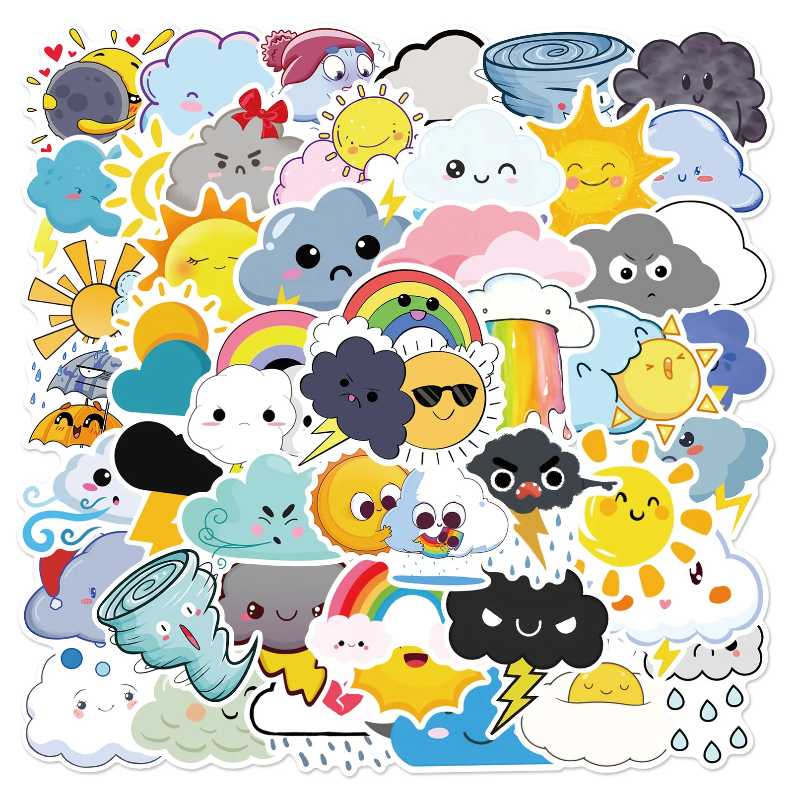 50Pcs Cartoon Weather Cloud Sun Doodle Stickers Paper Diary Luggage Skateboard Cute DIY Graffiti Funny Sticker