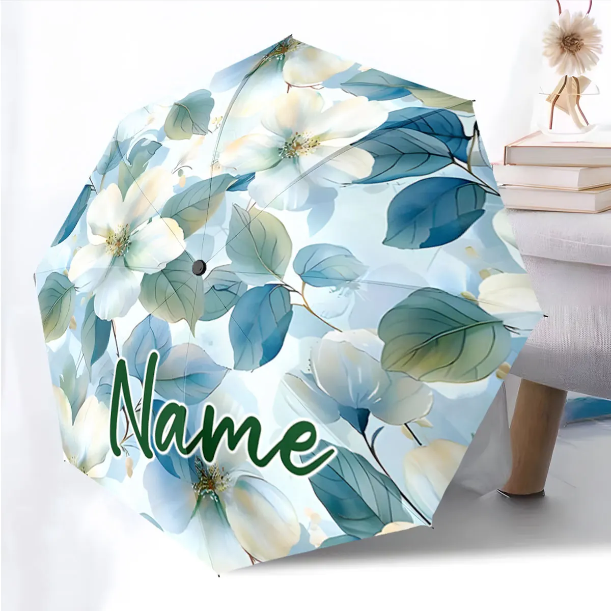 Custom Name Floral Umbrella with Elegant White Flowers and Green Leaves 8 Iron Ribs Folding Umbrella Auto-Open Fashion Sunshade