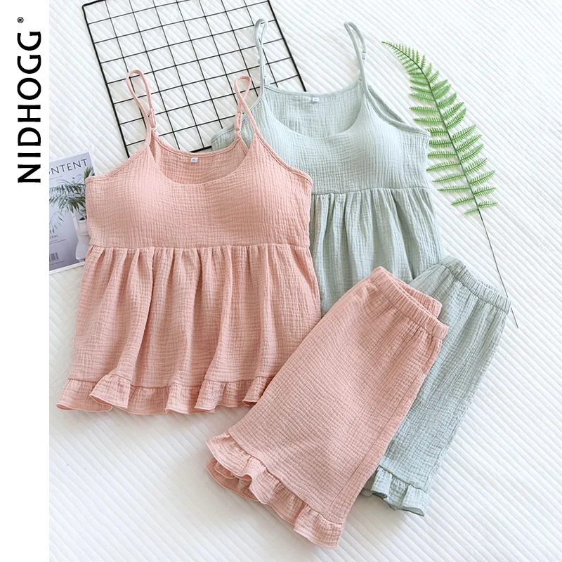 Pure Cotton Women Pajamas Sexy Suspenders with Chest Pads Sleep Tops Shorts Thin Sleepwear Fresh Pure 2 Piece Set Solid Pijamas