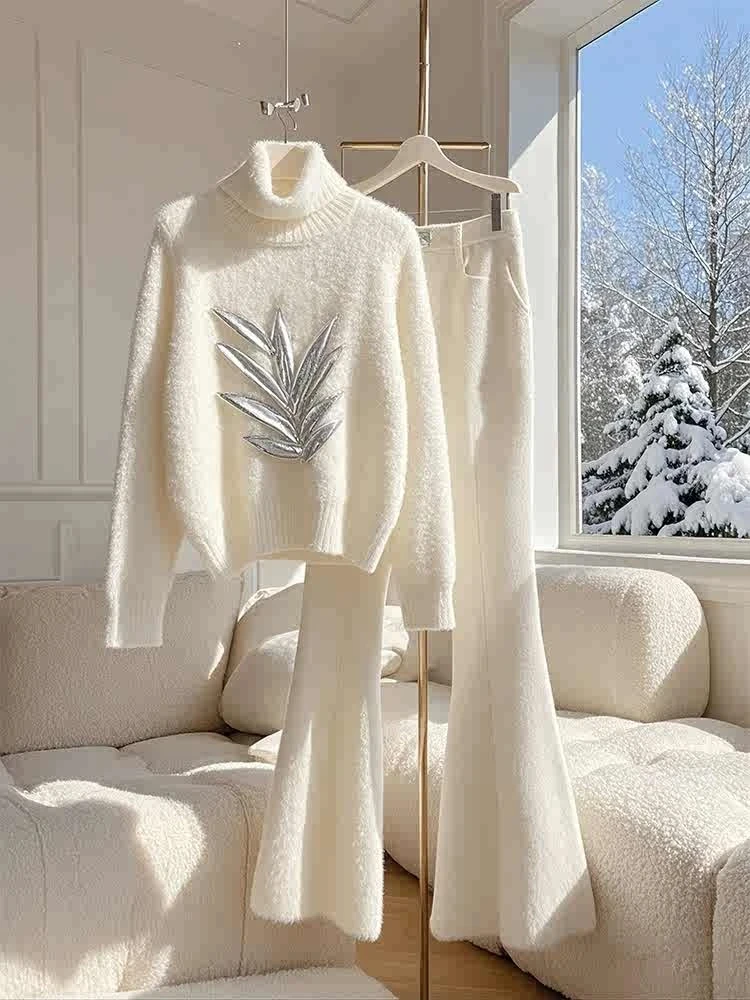 

Laid-back Style Winter Outfit White High-neck Sweater Casual Pants Two-piece Set Comfortable plus Size Korean Fashion