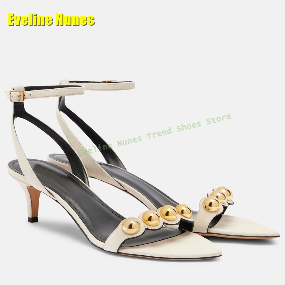 

Элегантные сандалии с золотыми металлическими заклепками, женские туфли на высоком каблуке с круглым носком, на шпильке с боковой подошвой и пряжкой, лето 2023 г.