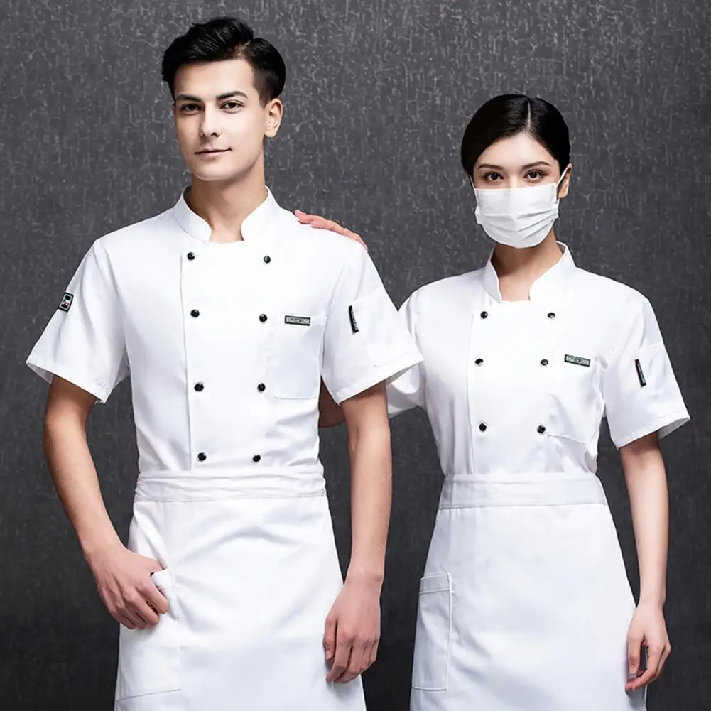 Unisex Chef Shirt Double-breasted Short Sleeve Stand Collar Cook Uniform Kitchen Bakery Restaurant Canteen Waiter Top Chef Coat