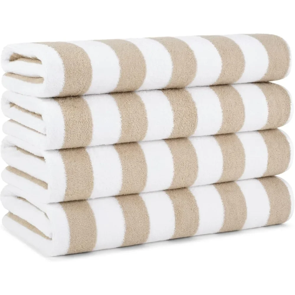 Stripe Beach Towel Pack of 4  Large Soft Quick Dry Cotton Terry Towels Set for Pool,Oversized 30 x 70 in,Beige