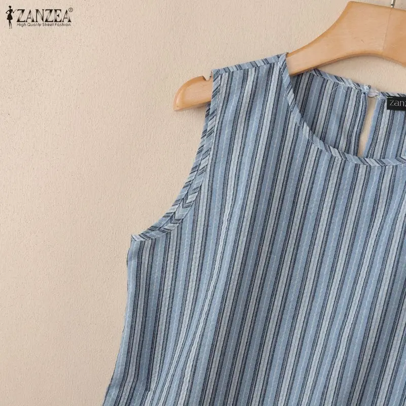 ZANZEA 2026 Sommer Gestreifte Tanktops für Damen O-Ausschnitt mit Rüschenbesatz Lose Ärmellose Tops Lässige Schicke Streetwear Damenkleidung – Detail 13