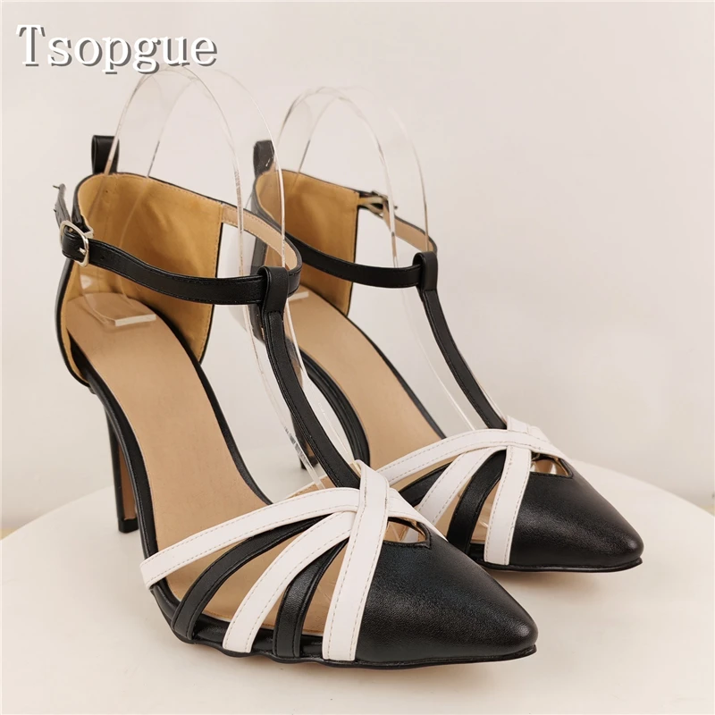 

Women's Fashion T-Strap Stiletto Sandals Black White Pointed Toe Ankle Strap Heels Elegant Office Ladies Dress Shoes
