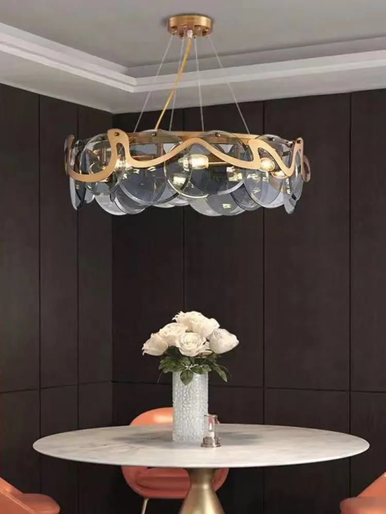 

Modern light luxury simple wrought iron glass round oval chandelier living room chandelier bedroom dining room warm light