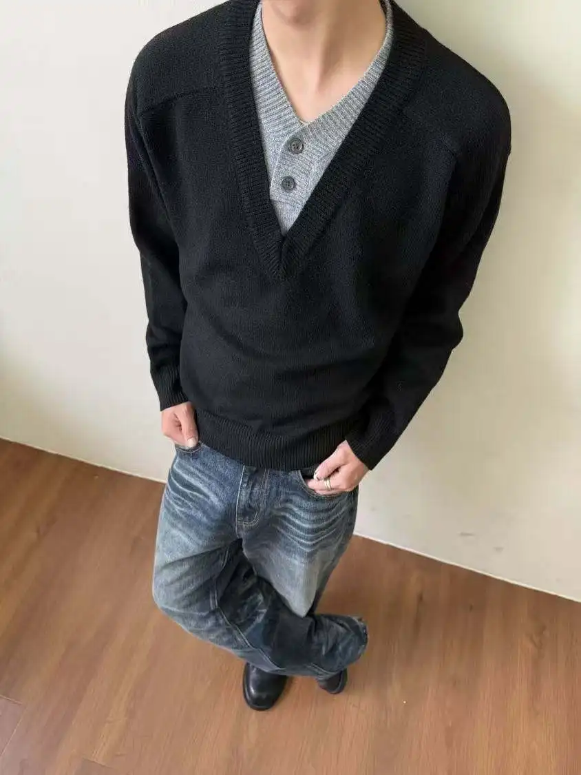 

Deep V-Ne Sweater Knitwear ex Long Sve Warm Casual Color Polyester Fiber Loose Fit Autumn Faion Crew Ne