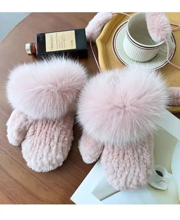 Real Rex Rabbit Fur Gloves For Women Winter Plush Thickened Warm Real Fur Gloves Handmade Knitted Fur Gloves Keep Warm Mittens