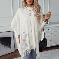 Women Knitted Shawl Sweater Tassel Capes Hollow Out Cardigan Sleeveless Solid Splice Ponchos Cloak Elegant Lady Autumn