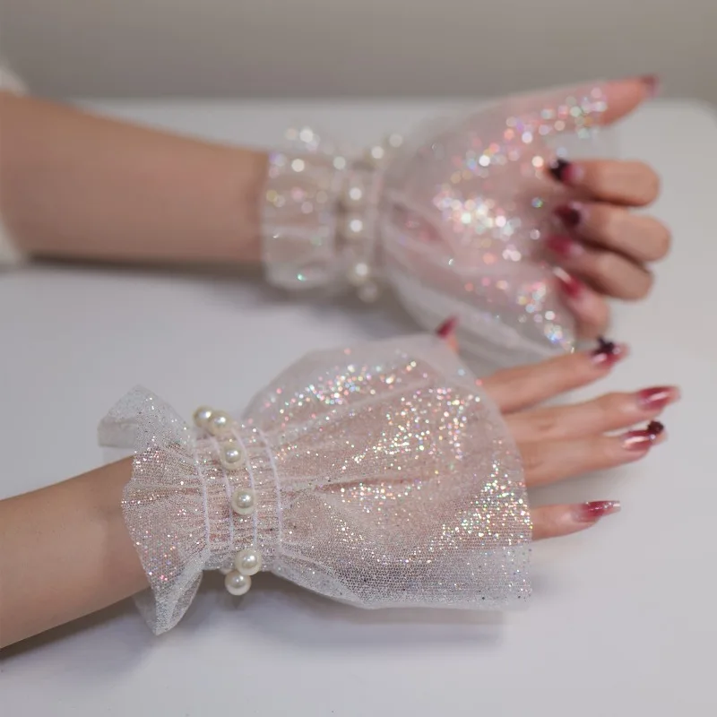 

Original pearl sleeve covers ultra-glittery hot pink mesh cuffs wristbands for performance nail art photography hand sleeves