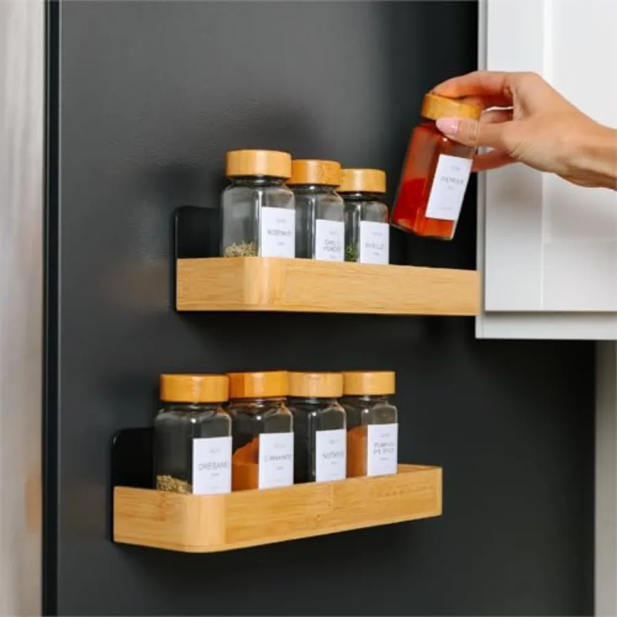 

Magnetic Fridge Shelf Set Kitchen Edge 2-Piece Bamboo Shelves with Metal 11in x 3.5in x 3in Holds up to 10lbs Secure Space-Savi