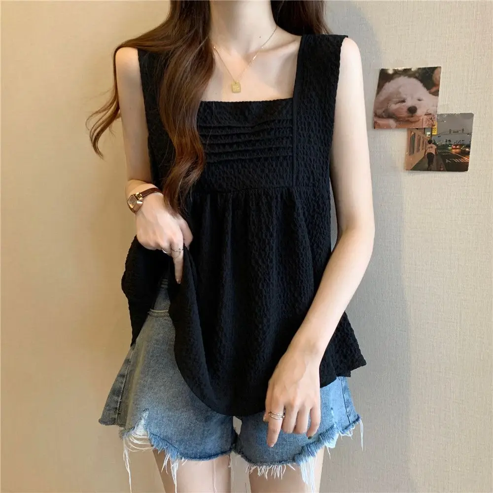 Large Size Wide Edge Sleeveless Halter Vest Women Summer Lean Pleated Ruffled Bottom Tank Top