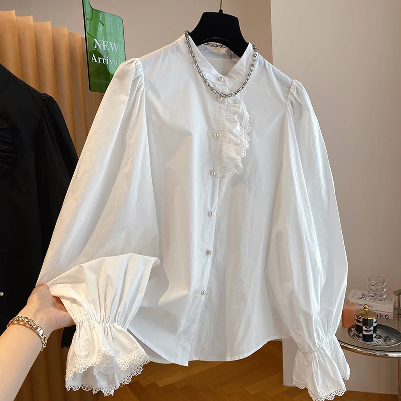 

Fashion Long Sleeve White Shirt Women Chic Tops 2024 Elegant Round Neck Blouse French Casual Blouse