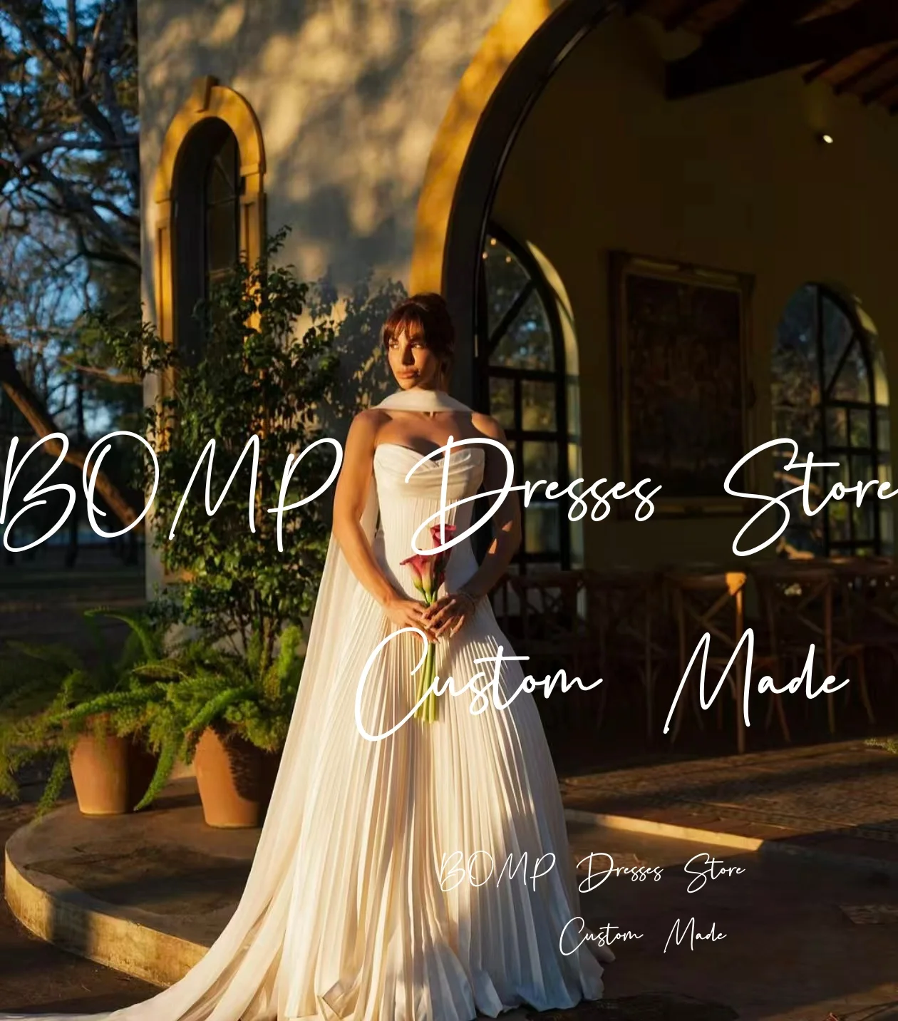 BOMP أنيق مطوي فستان حفلات الزفاف على شكل قلب مشد سويب تراين على شكل حرف a فستان زفاف من الساتان الأبيض مخصص فيستدو دي نوفيا