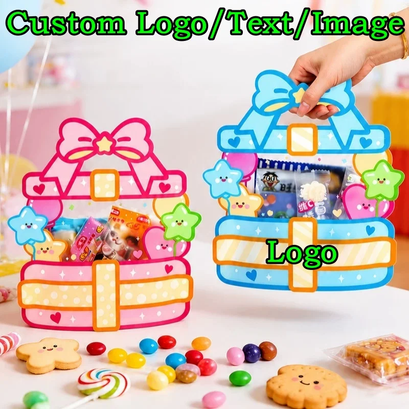 100PCS Stand-up Plastic Window Ziplock Pink Handle Bag DIY Logo Child Snack Candy Sugar Gifts Portable Storage Packaging Pouches