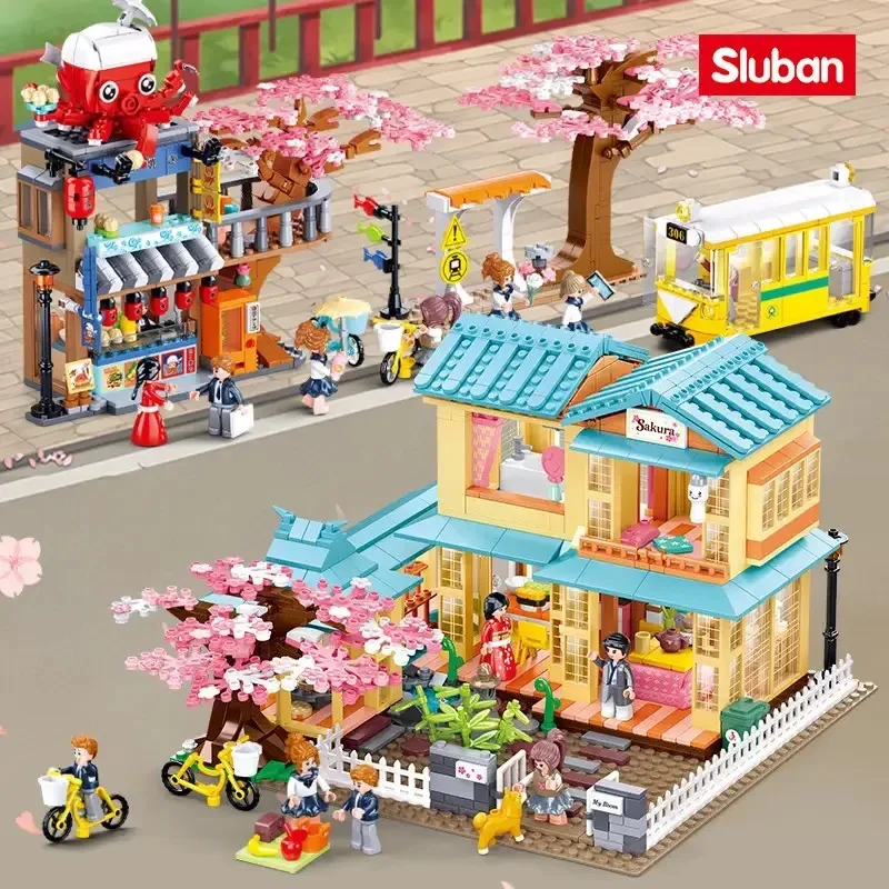 1029PCS Japanese Style House Building Blocks Cherry Tree House City Streetview Model Bricks Desktop Decoration Kids DIY Toy Gift