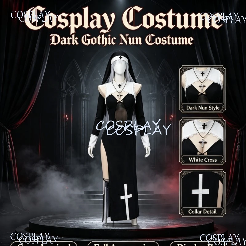 Traje de uniforme con abertura alta para evento de Halloween, disfraz de monja de malla transparente con encaje negro, diseño original, cosplay, sesión de fotos para damas