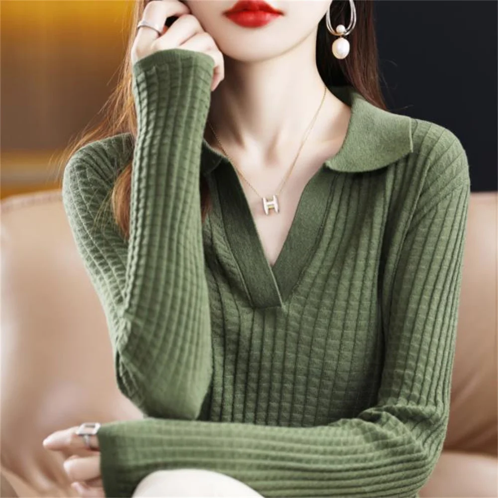 

Polo collar short-sleeved t-shirt women's spring autumn new lapel wool knitted long-sleeved women's top