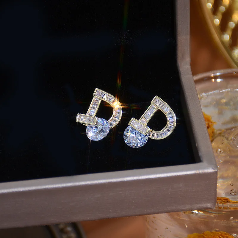 14k Gold Plated Fine Jewelry Exquisite Letter D Micro-set Zircon Earrings for Woman High-quality Luxury Daily Stud Earring