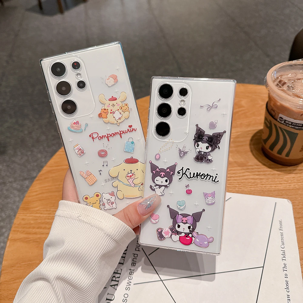 Cute Cartoon Sanrio Kuromi Cinnamoroll Pom Purin Transparent Phone Case For Samsung Galaxy S26 25 24 23 Ultra Puls Soft Cover
