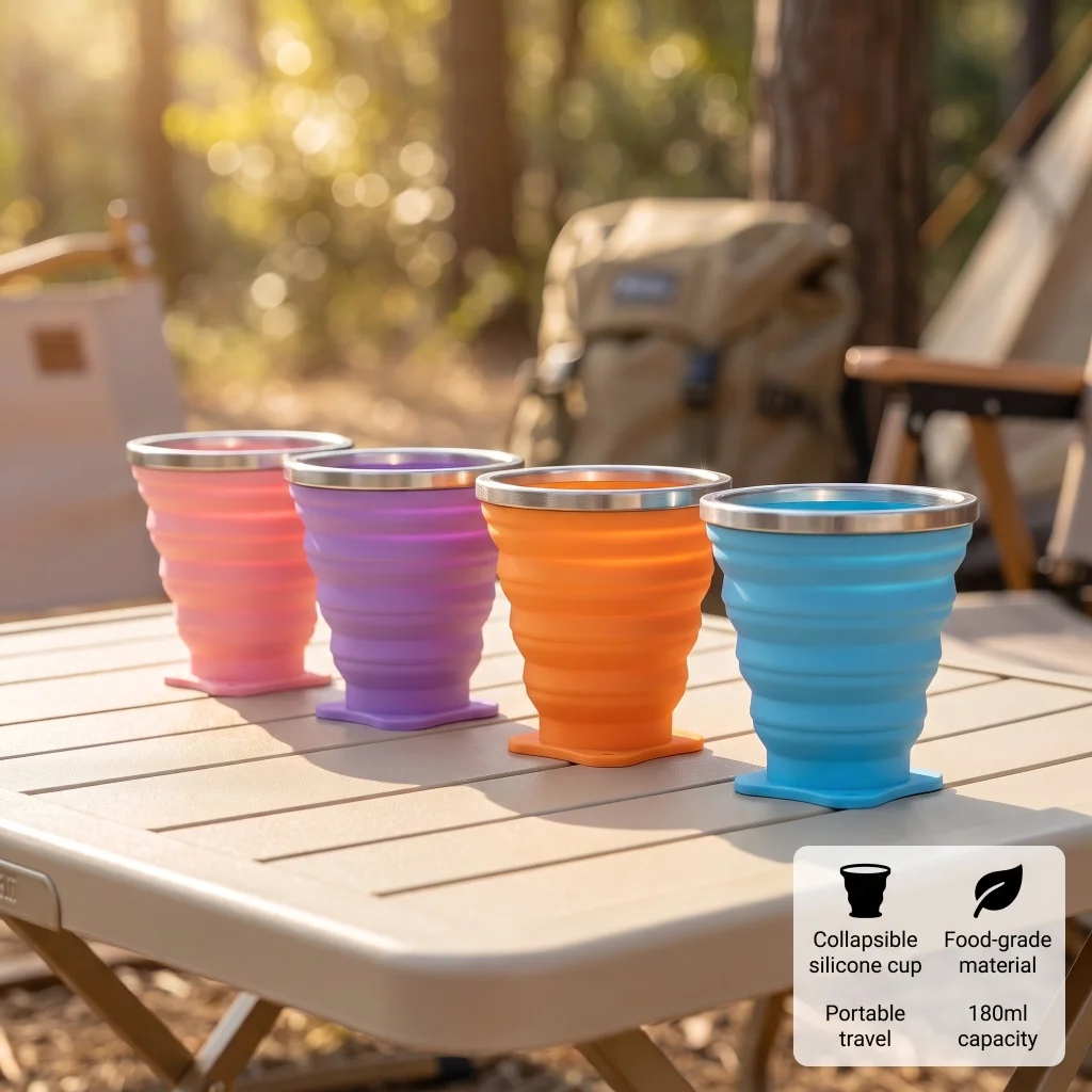 Foldable Silicone Camping Cup Collapsible Travel Mug Stainless Steel Edge Hand Strap 4 Macaron Colors Outdoor Hiking Cup