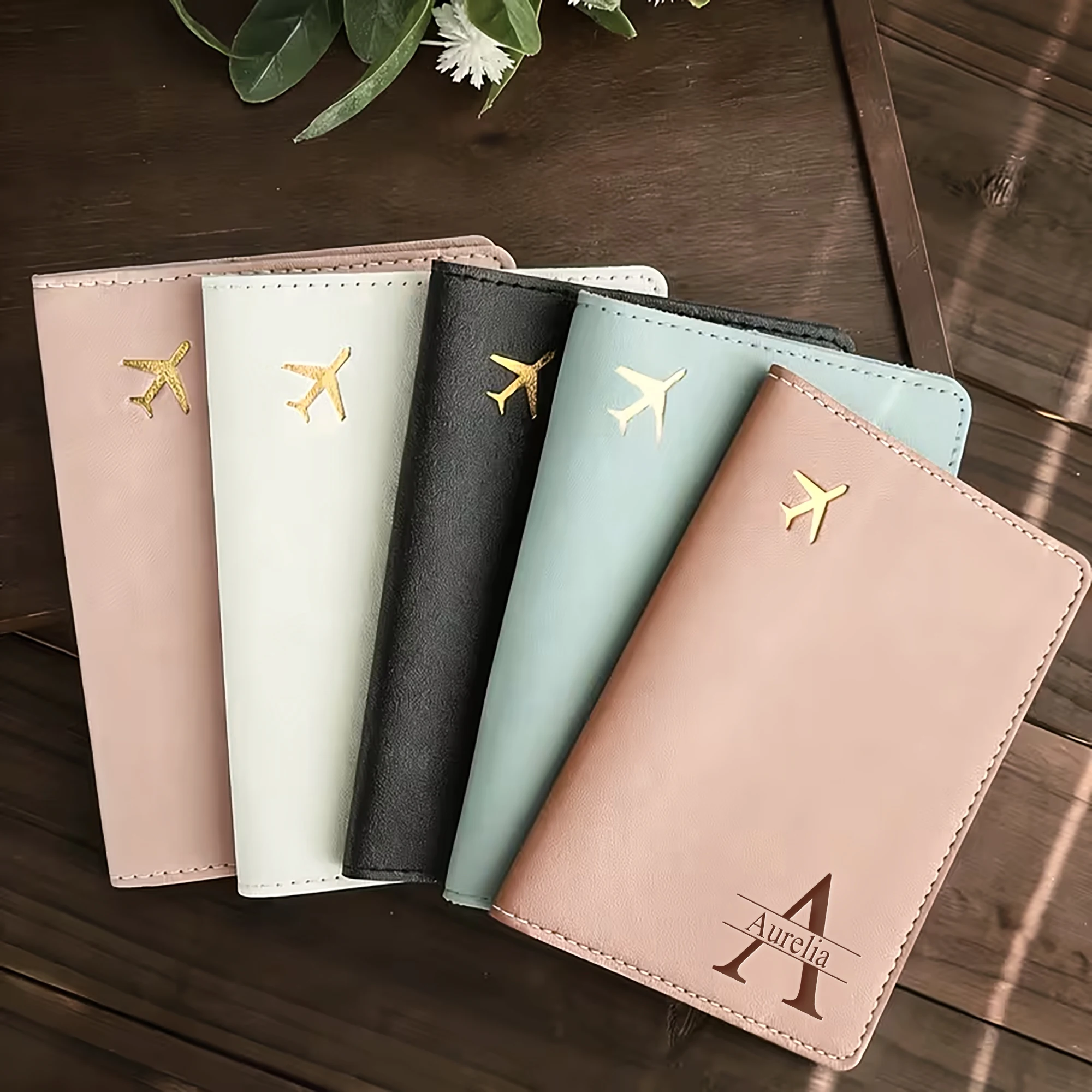 Personalized Customizable Ietter Laser Engraving PU Faux Leather Snap Button Passport Cover & Luggage Tag Set Travel Essentials