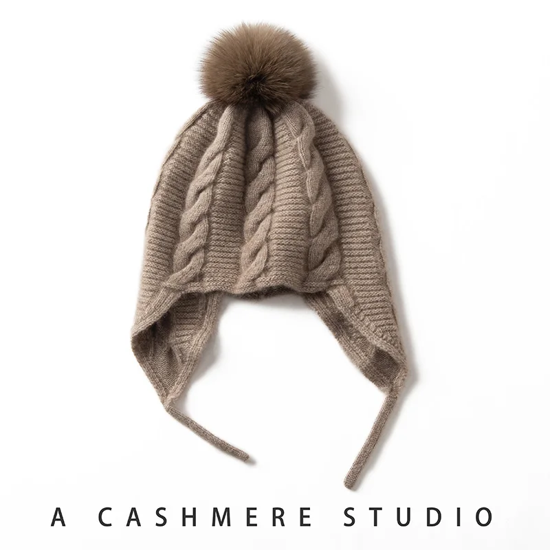 

Autumn/Winter Women's Hoodie 100% Pure Cashmere Knitted Hat Casual Solid Color Baotou Hat Thickened Warm Ear Protection Hat
