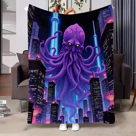 1pc Giant Tentacle Monster City Throw Blanket - Soft Flannel Fabric, Purple & Blue Sci-Fi Horror Design with Cityscape, All-Seas